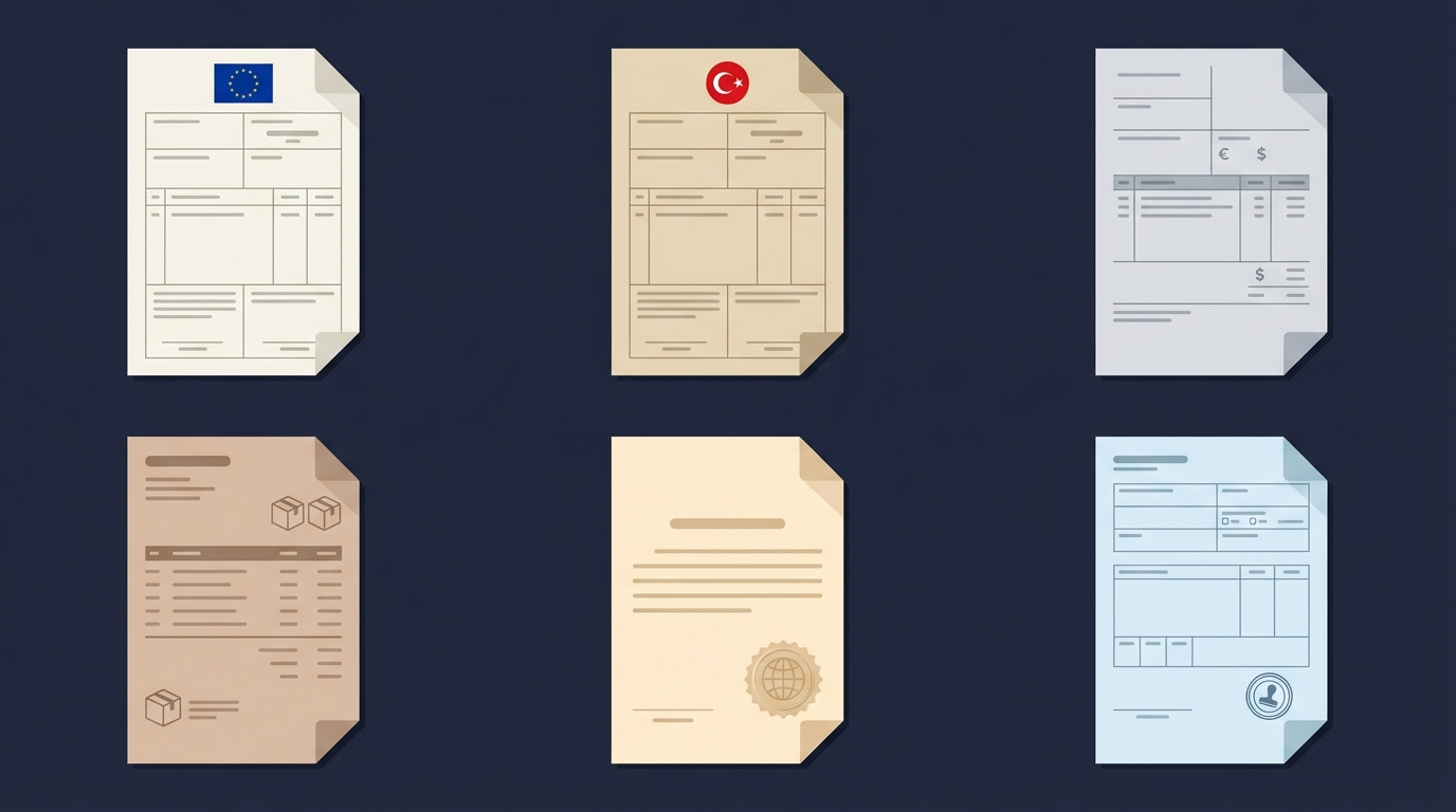 Customs document types including EUR.1, A.TR, Commercial Invoice, Packing List, Certificate of Origin, and Customs Declaration