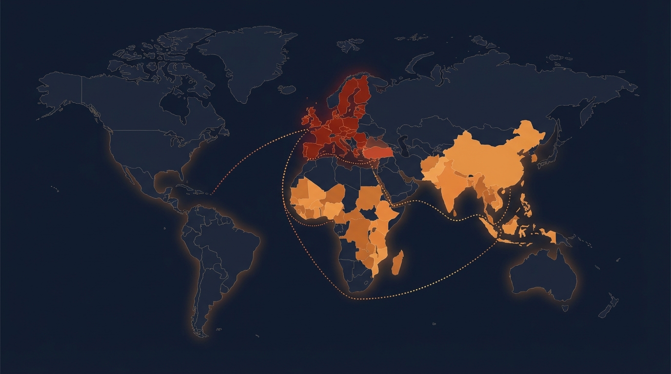 World map showing preferential trade zones and trade routes